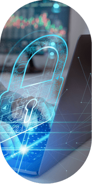 A laptop with a blue lock graphic floating above it