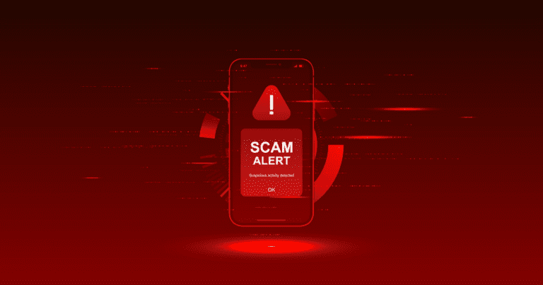 a red image that has a digital image of a smart phone that says "SCAM ALERT" with a caution sign above it