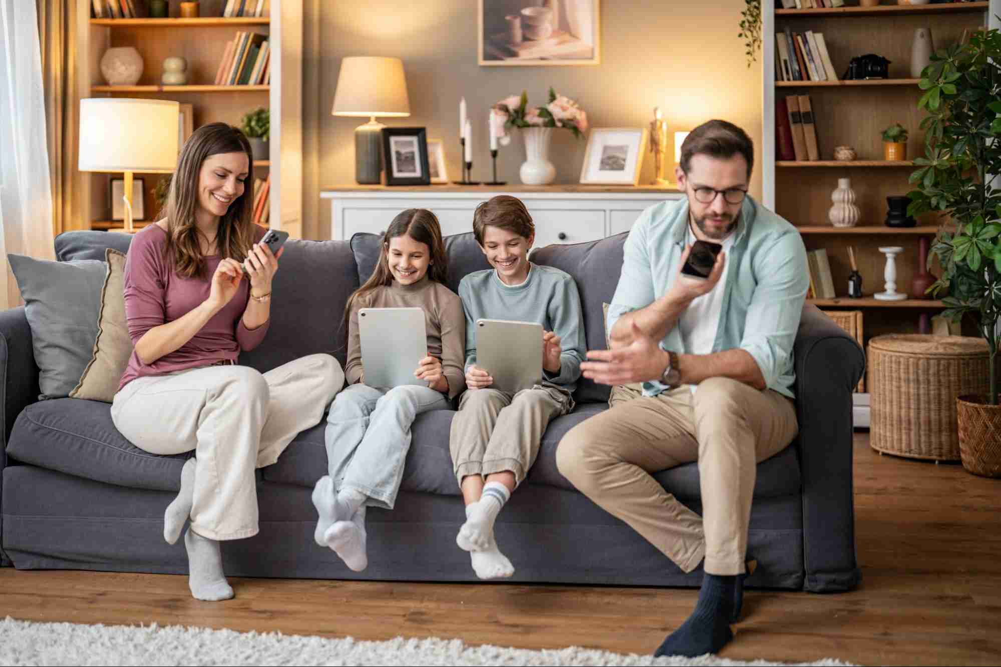 Family using multiple connected devices while comparing internet options in Clairmont.